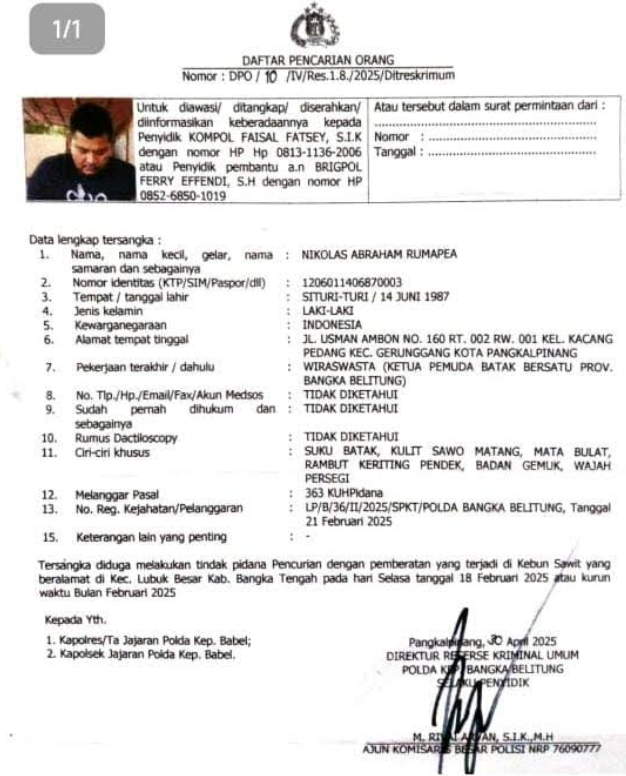 PANGKALPINANGPOST.COM (Bangka Belitung) – Kepolisian Daerah Kepulauan Bangka Belitung resmi menetapkan Ketua Pemuda Batak Bersatu (PBB) Provinsi Bangka Belitung, Nikolas Abraham Rumapea, sebagai Daftar Pencarian Orang (DPO). Penetapan itu tertuang dalam surat DPO Nomor: DPO/10/IV/Res.1.8./2025/Ditreskrimum yang dikeluarkan pada 30 April 2025. Selasa (27/5/2028).